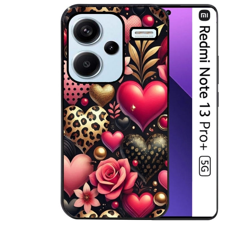 Coque noire taperso pour Redmi Note 13 PRO PLUS 5G avec motif coeur et leopard protection antichoc personnalisée