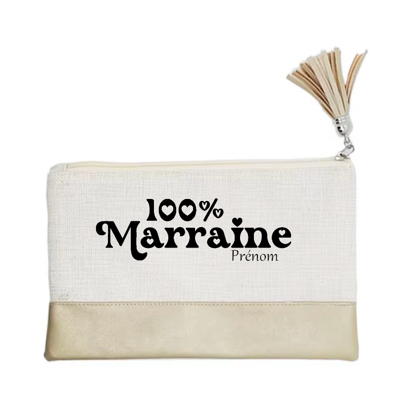 Pochette personnalisée motif marraine 100% en toile et simili cuir personnalisée