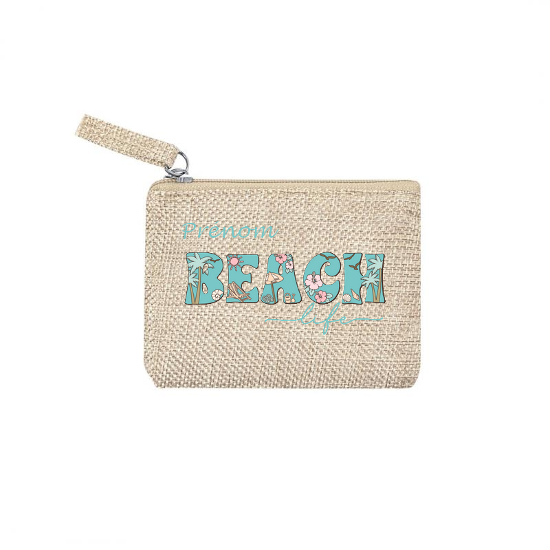 Pochette personnalisée motif plage fleur en toile et simili cuir personnalisée