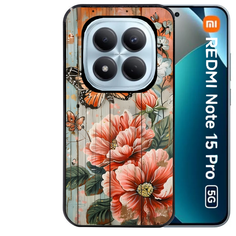 Coque noire taperso pour Redmi Note 15 et PRO PLUS 4G 5G avec motif bois et papillon 3 protection antichoc personnalisée