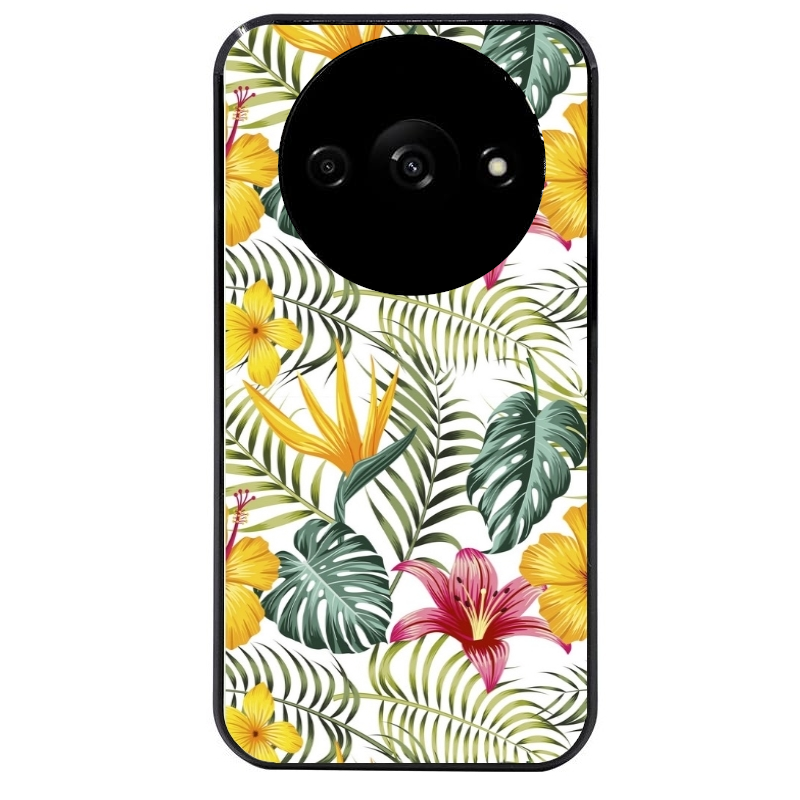 Coque noire taperso pour Redmi A3 avec motif jungle et fleur hibiscus protection antichoc personnalisée