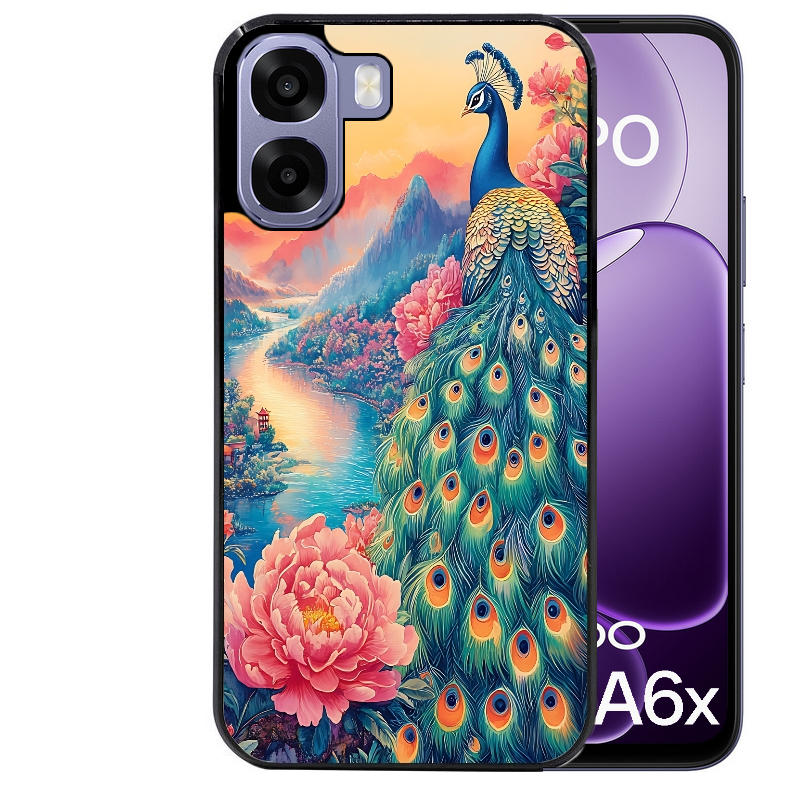 Coque noire taperso pour OPPO A6 A6X 4G et 5G avec motif paon japan protection antichoc personnalisée