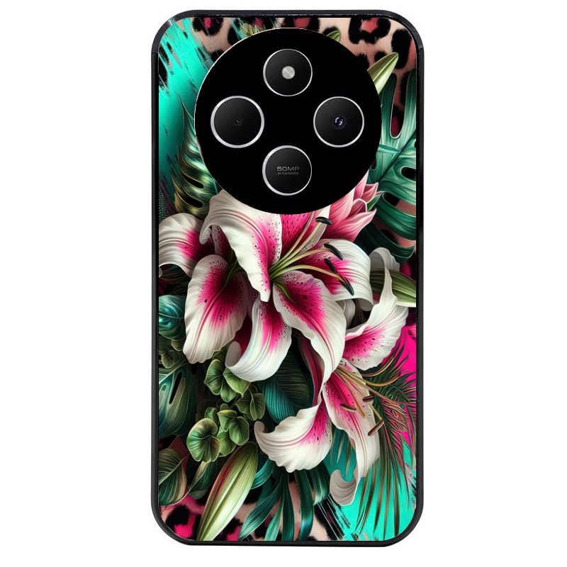 Coque noire taperso pour POCO C75 avec motif leopard hibiscus protection antichoc personnalisée