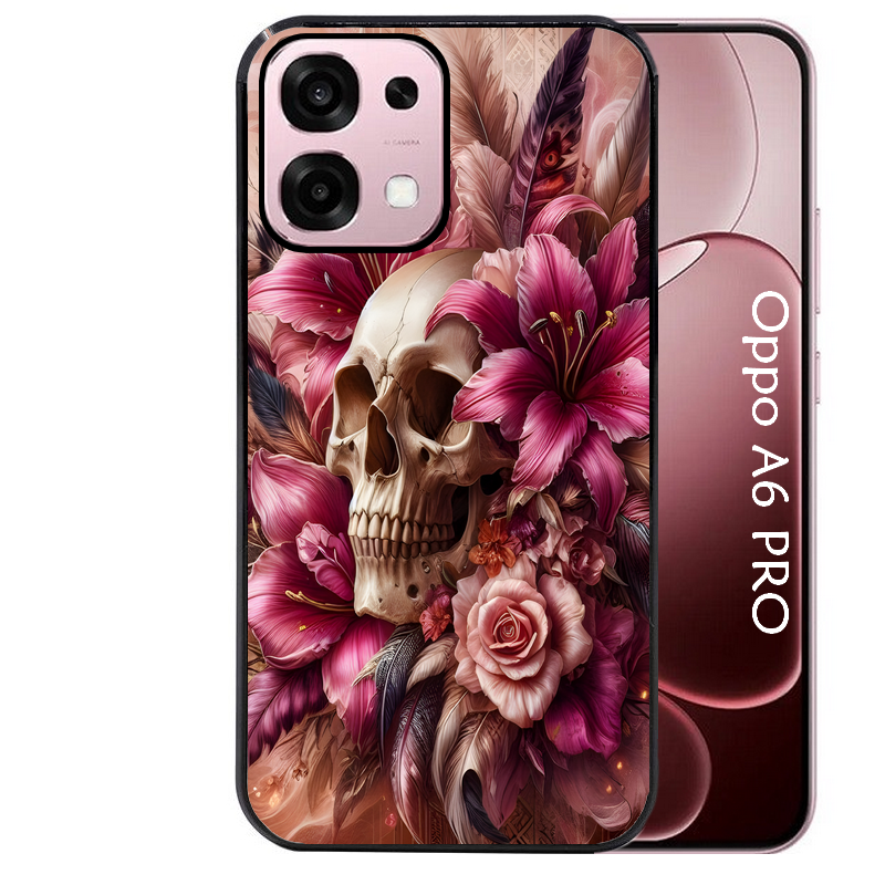 Coque noire taperso pour OPPO A6 PRO 4G et 5G avec motif tete de mort skull plume protection antichoc personnalisée