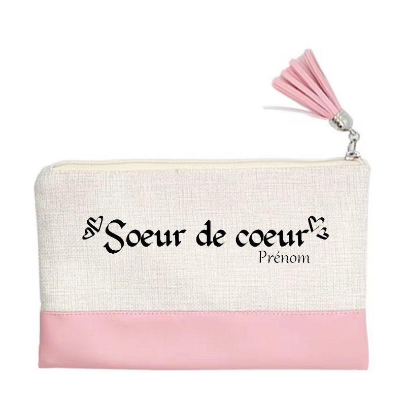 Pochette personnalisée motif soeur de cœur en toile et simili cuir personnalisée
