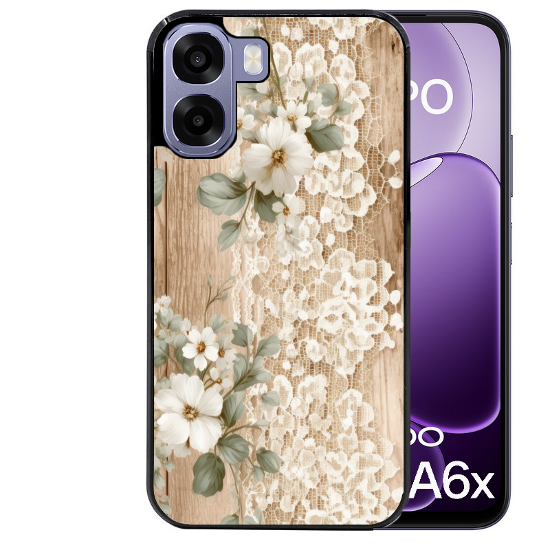 Coque noire taperso pour OPPO A6 A6X 4G et 5G avec motif bois et dentelle 1 protection antichoc personnalisée
