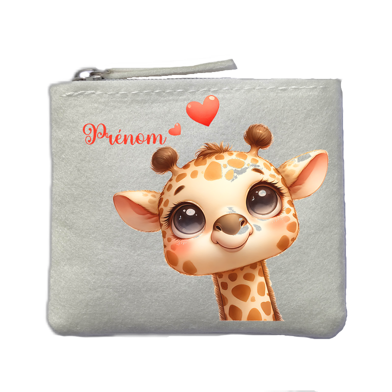 Porte monnaie personnalisé girafe coeur ivoire en feutrine en feutrine ivoire