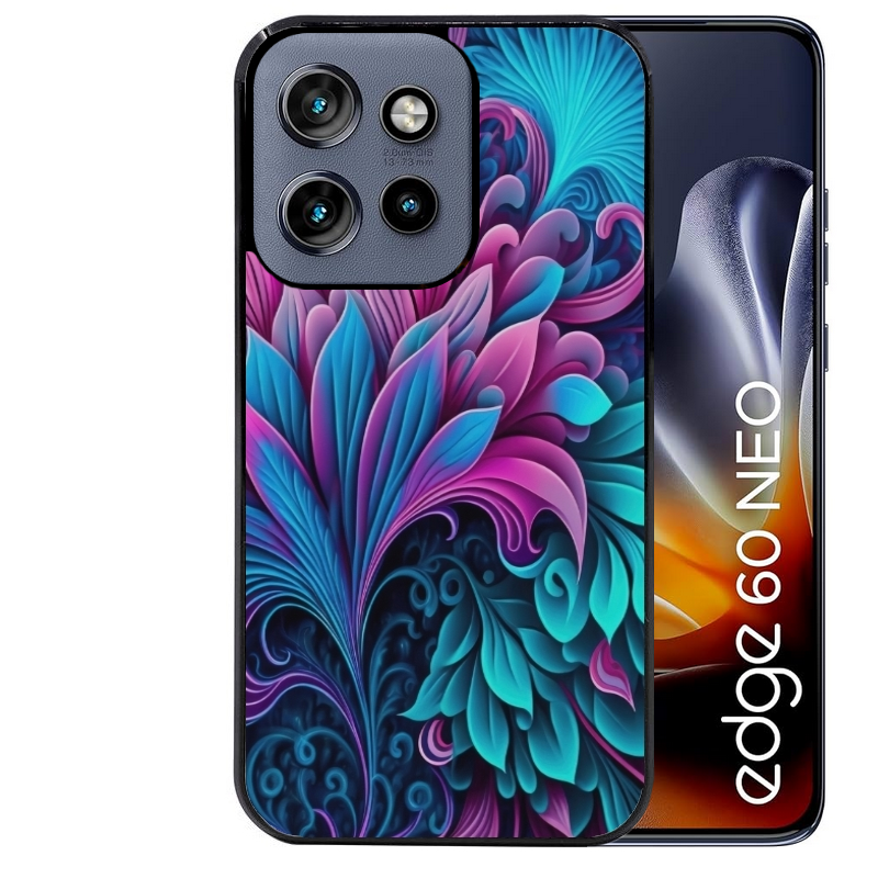Coque noire taperso pour Moto Edge 60 et Neo Fusion Pro avec motif tropical violet et des fleurs protection antichoc personnalisée