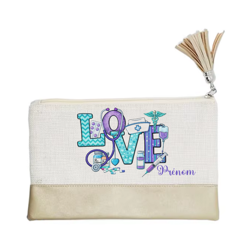 Pochette personnalisée motif love infirmiere en toile et simili cuir personnalisée