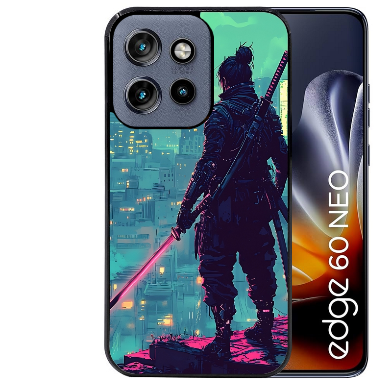 Coque noire taperso pour Moto Edge 60 et Neo Fusion Pro avec motif samourai new york protection antichoc personnalisée