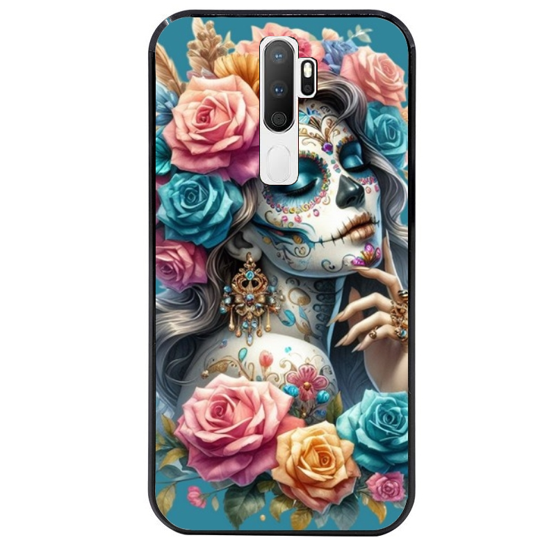 Coque noire taperso pour OPPO A5 A9 2020 avec motif tete de mort calavera bleu protection antichoc personnalisée