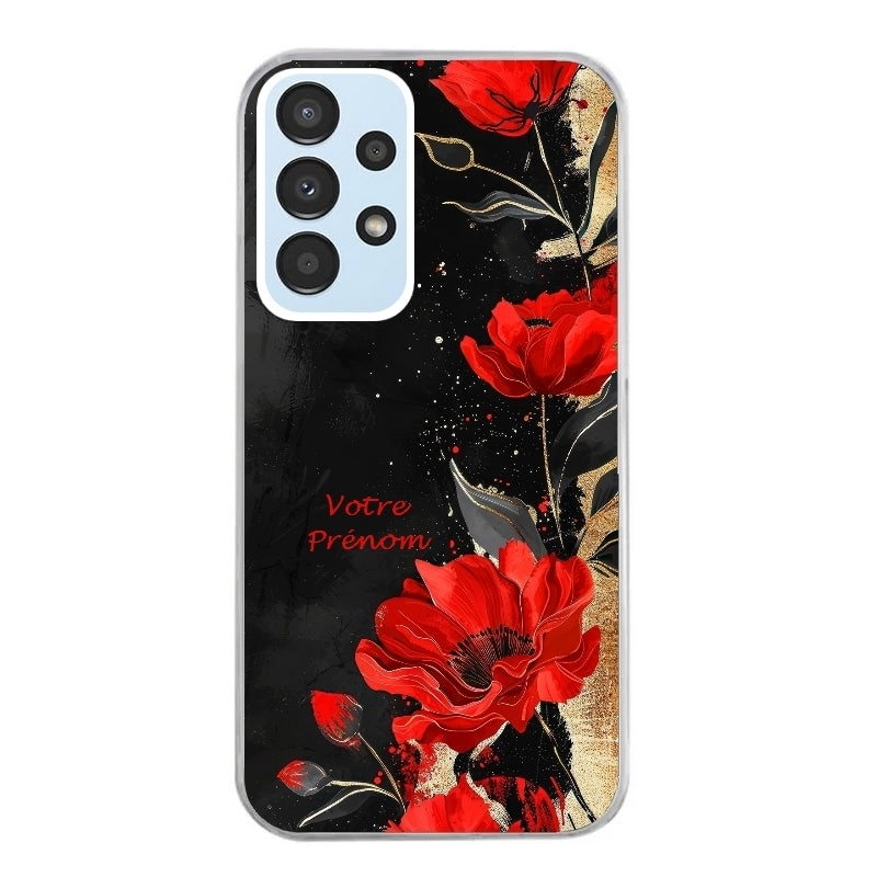Coque taperso pour Galaxy A13 4G et 5G A23 A53 avec motif fleur rouge avec prenom protection antichoc personnalisée