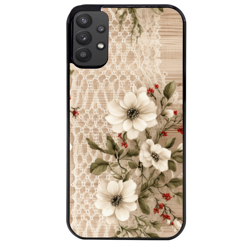 Coque noire taperso pour galaxy A22 A32 A52 A52S 4G 5G  avec motif bois et dentelle 2 protection antichoc personnalisée