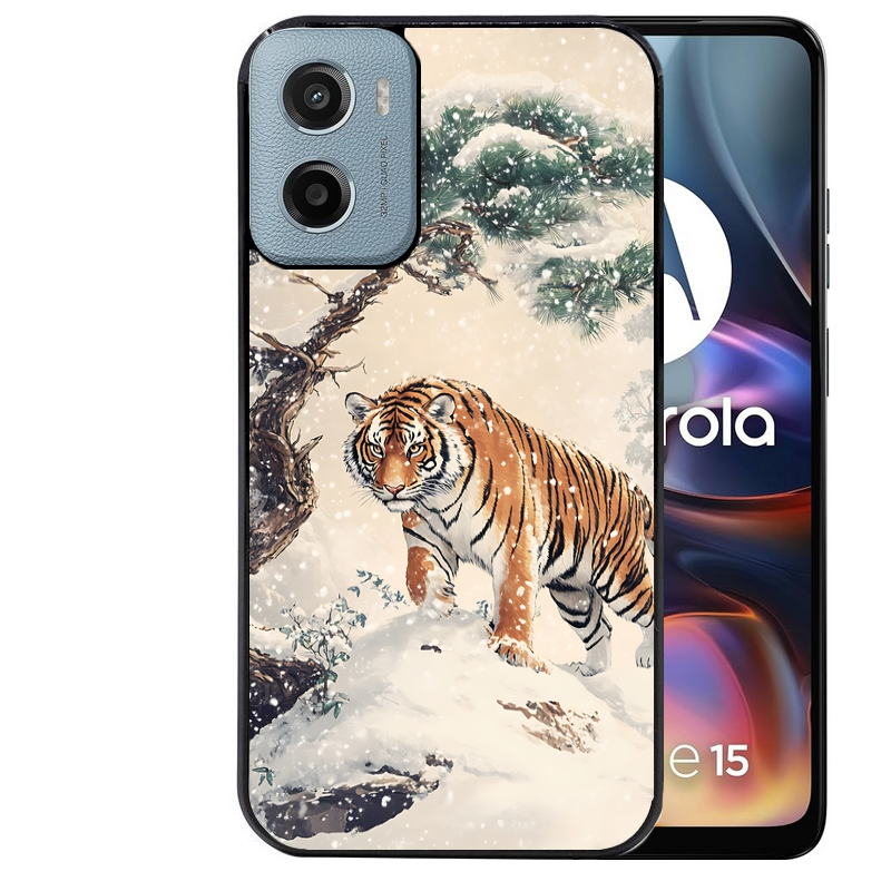 Coque noire taperso pour Moto E13 E14 E15 avec motif tigre bonzai protection antichoc personnalisée