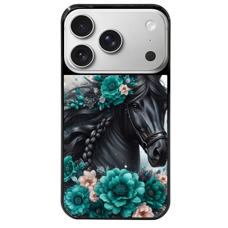 Coque noire taperso pour Iphone 17 17E AIR MAX PRO avec motif cheval et fleurs personnalisee protection antichoc personnalisée