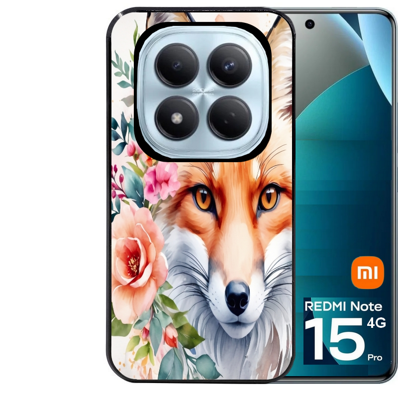 Coque noire taperso pour Redmi Note 15 et PRO PLUS 4G 5G avec motif renard fox et fleurs protection antichoc personnalisée
