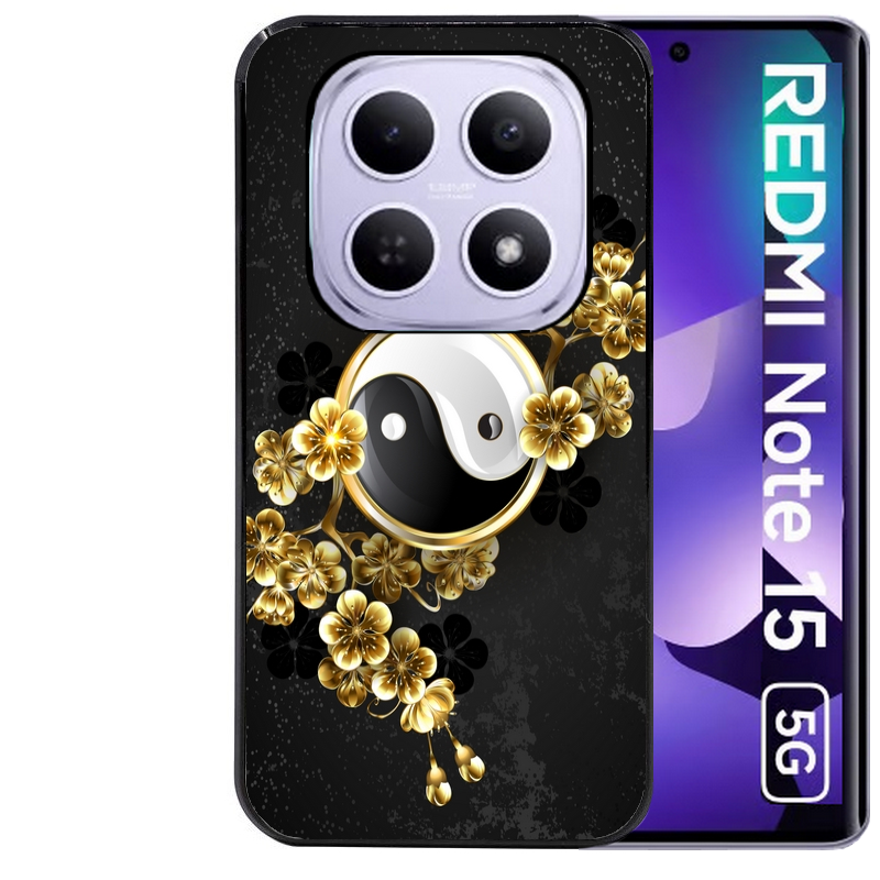 Coque noire taperso pour Redmi Note 15 et PRO PLUS 4G 5G avec motif yin yang et fleur protection antichoc personnalisée