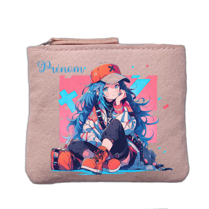 Porte monnaie personnalisé motif anime casquette rose clair en feutrine en feutrine