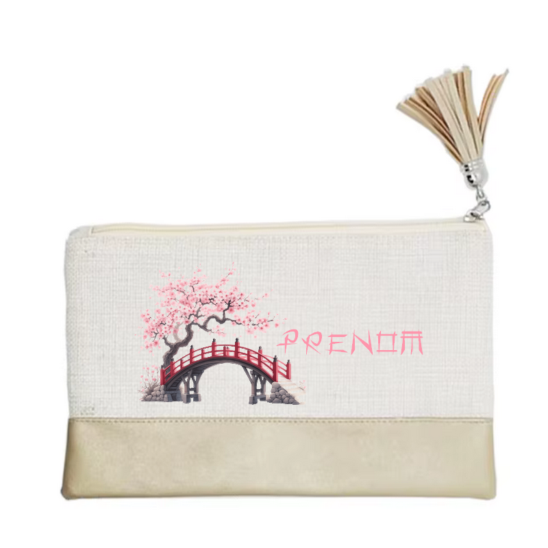 Pochette personnalisée motif japan cerisier en toile et simili cuir personnalisée