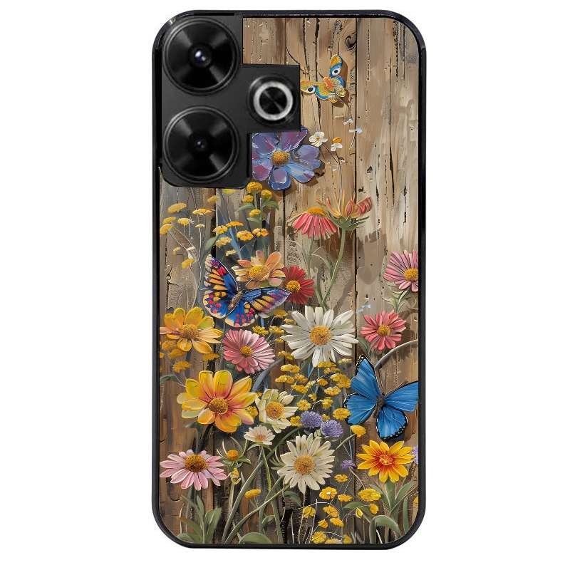 Coque noire taperso pour POCO M6 4G avec motif bois et papillon 1 protection antichoc personnalisée