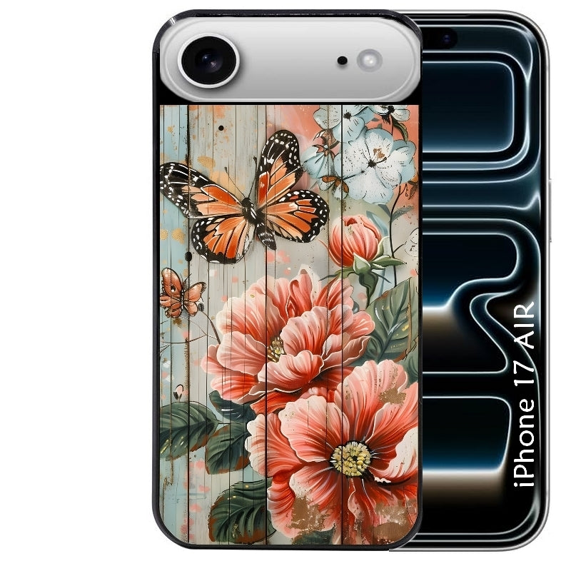 Coque noire taperso pour Iphone 17 17E AIR MAX PRO avec motif bois et papillon 3 protection antichoc personnalisée