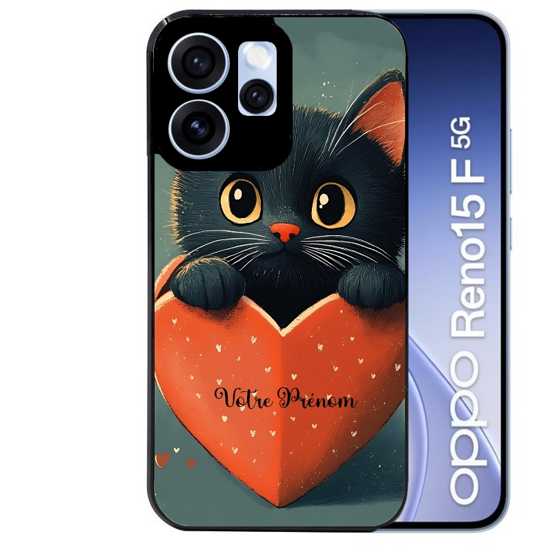 Coque noire taperso pour OPPO Reno 15 et F FS 5G avec motif chat et coeur avec prenom protection antichoc personnalisée