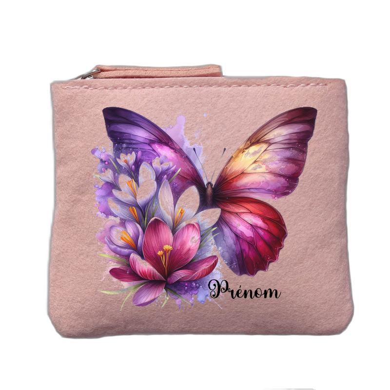 Porte monnaie personnalisé motif papillon pastel rose clair en feutrine en feutrine