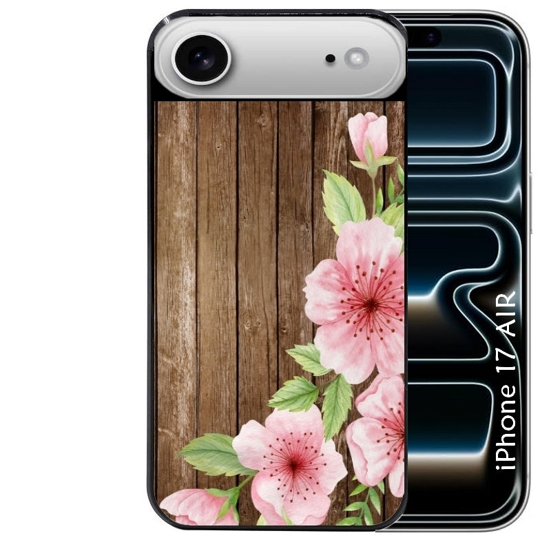Coque noire taperso pour Iphone 17 17E AIR MAX PRO avec motif bois avec fleur rose protection antichoc personnalisée