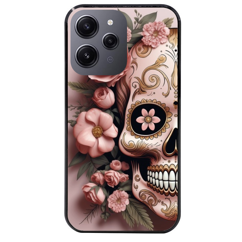 Coque noire taperso pour Redmi 12 4G et 5G avec motif tete de mort calavera rose protection antichoc personnalisée