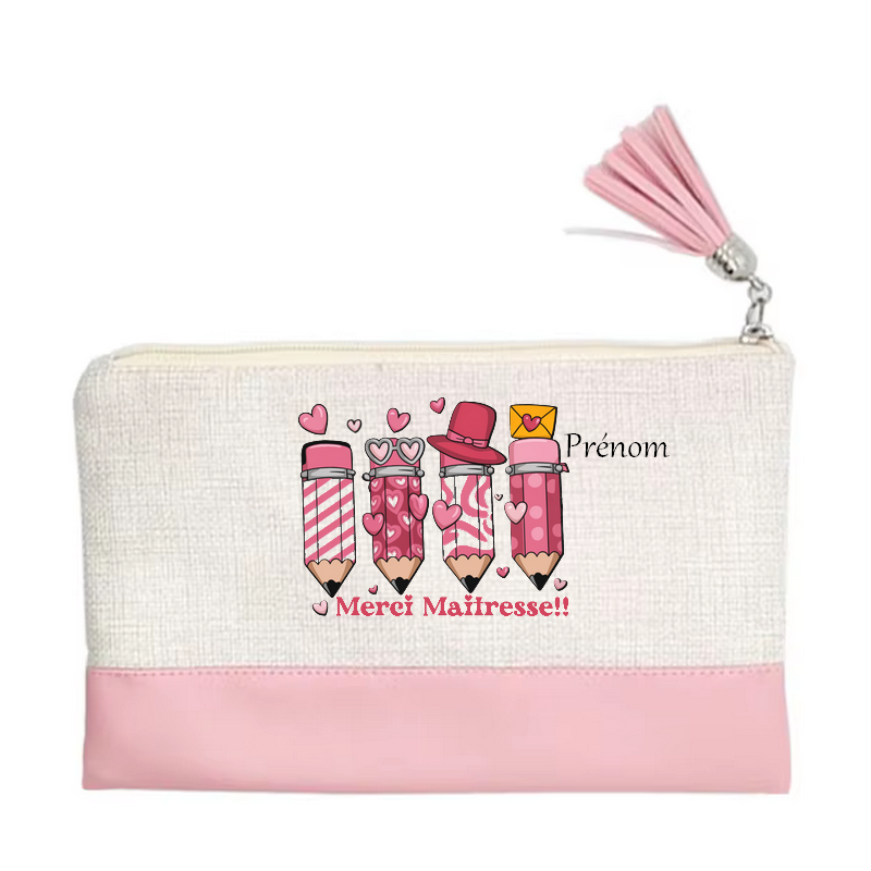 Pochette personnalisée motif maitresse merci cœur en toile et simili cuir personnalisée