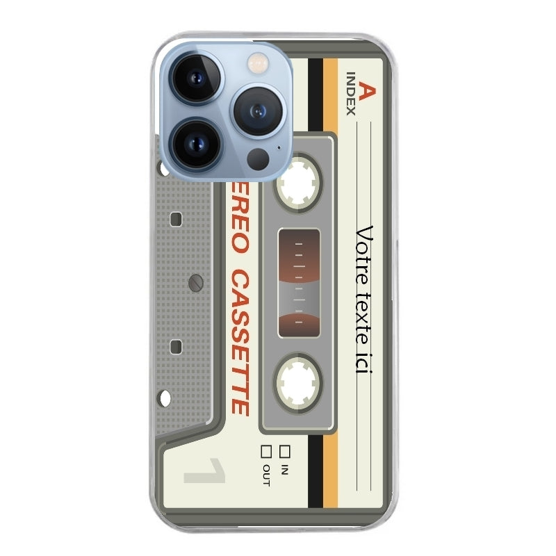 Coque taperso pour Iphone 13 et PRO MINI PRO MAX avec motif cassette grise personnalisable protection antichoc personnalisée