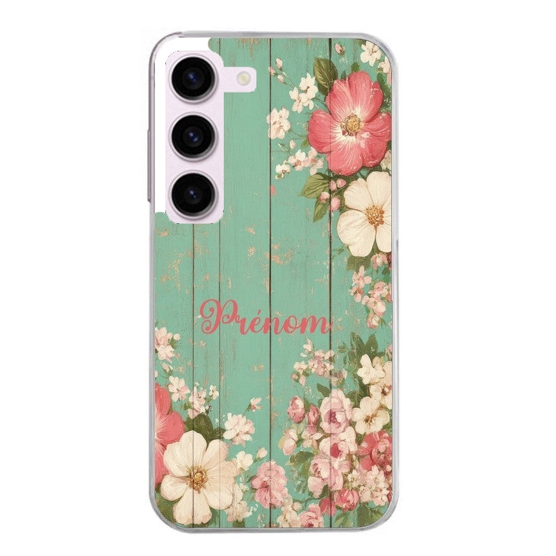 Coque taperso pour Galaxy A13 4G et 5G A23 A53 avec motif bois et fleur avec votre prenom protection antichoc personnalisée