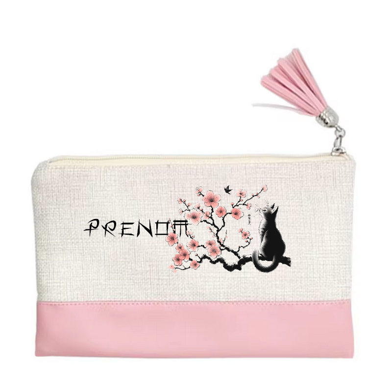 Pochette personnalisée motif chat cerisier en toile et simili cuir personnalisée