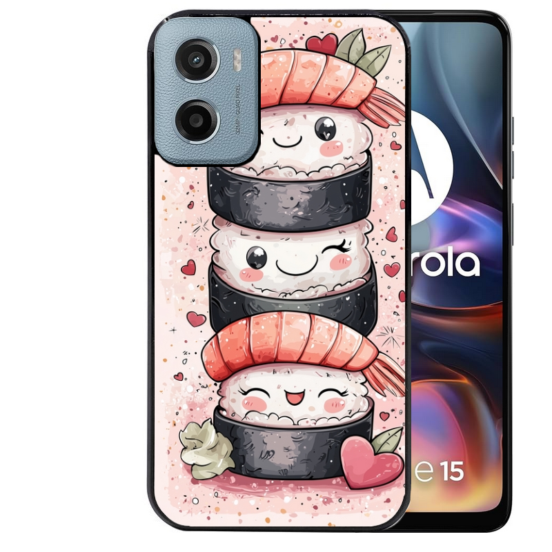 Coque noire taperso pour Moto E13 E14 E15 avec motif sushi kawai anime protection antichoc personnalisée