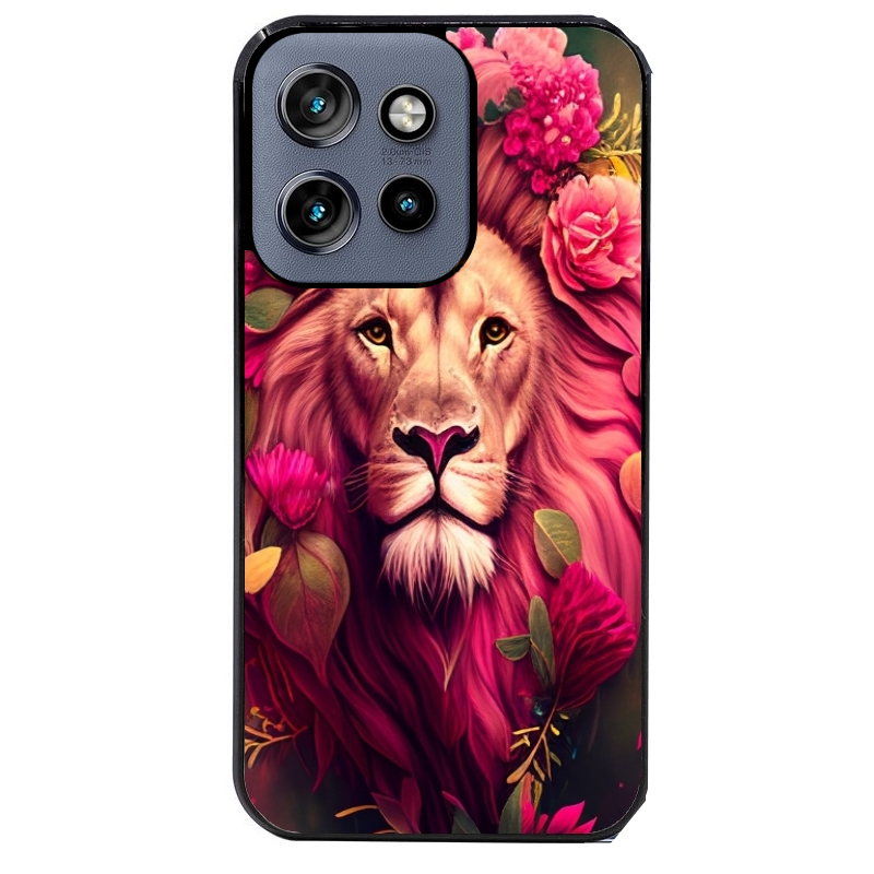 Coque noire taperso pour Moto Edge 60 et Neo Fusion Pro avec motif lion et fleurs rose protection antichoc personnalisée