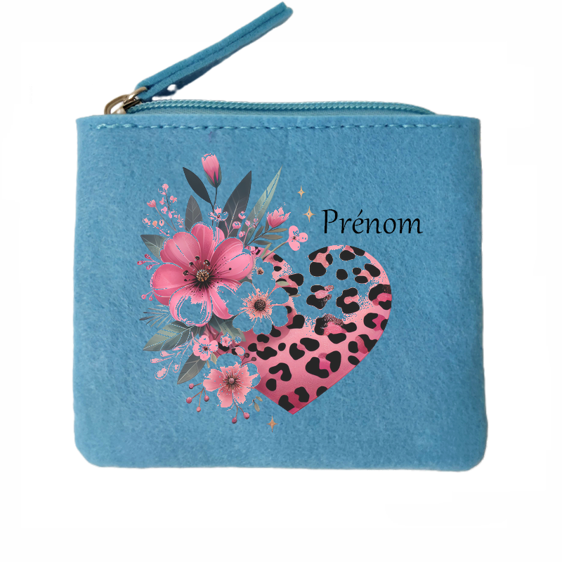 Porte monnaie personnalisé coeur leopard en feutrine en feutrine