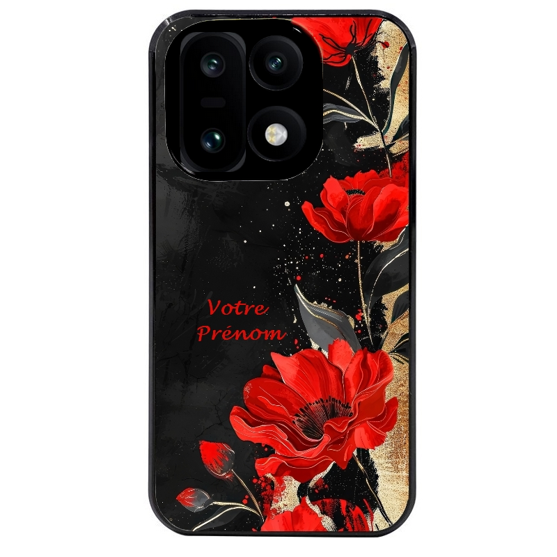 Coque noire taperso pour OnePlus 15 avec motif fleur rouge avec prenom protection antichoc personnalisée