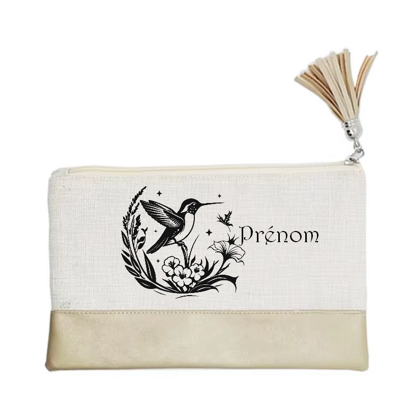 Pochette personnalisée motif colibri fleur en toile et simili cuir personnalisée