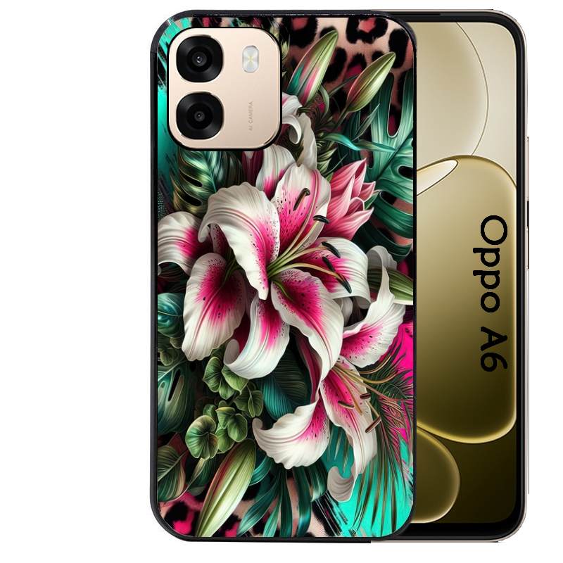 Coque noire taperso pour OPPO A6 A6X 4G et 5G avec motif leopard hibiscus protection antichoc personnalisée