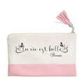 Pochette personnalisée motif la vie est belle en toile et simili cuir personnalisée
