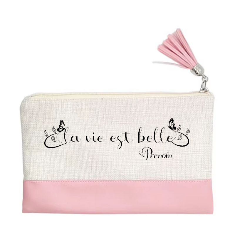 Pochette personnalisée motif la vie est belle en toile et simili cuir personnalisée