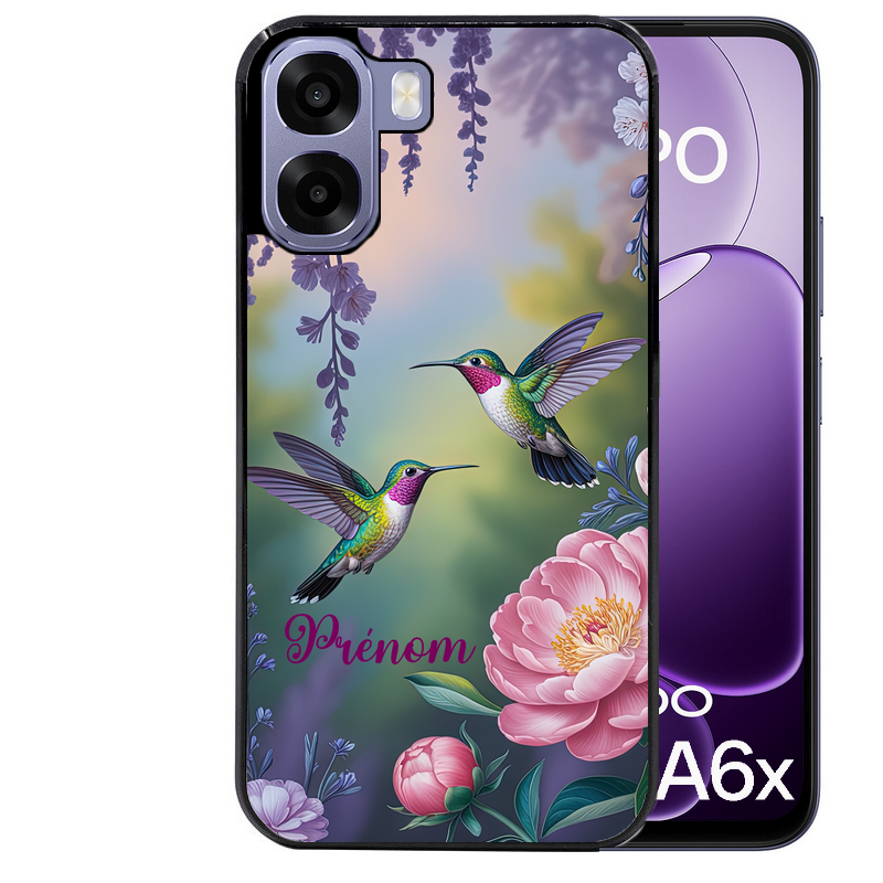 Coque noire taperso pour OPPO A6 A6X 4G et 5G avec motif colibri couple personnalise protection antichoc personnalisée
