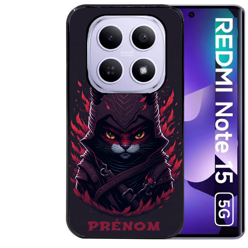 Coque noire taperso pour Redmi Note 15 et PRO PLUS 4G 5G avec motif chat samourai personnalise protection antichoc personnalisée