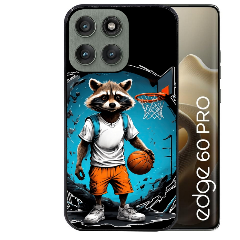 Coque noire taperso pour Moto Edge 60 et Neo Fusion Pro avec motif basket racoon protection antichoc personnalisée