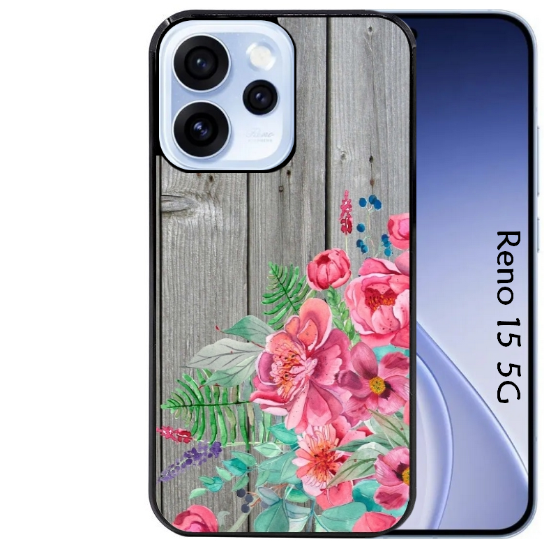 Coque noire taperso pour OPPO Reno 15 et F FS 5G avec motif bois gris et fleur rose protection antichoc personnalisée