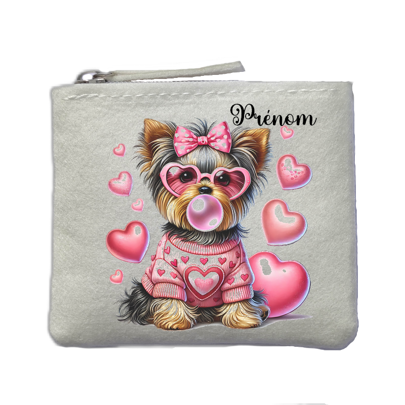 Porte monnaie personnalisé chien lunettes ivoire en feutrine en feutrine ivoire