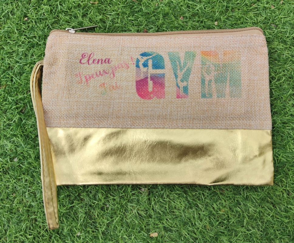 Pochette personnalisée copine formidable en jute et doré