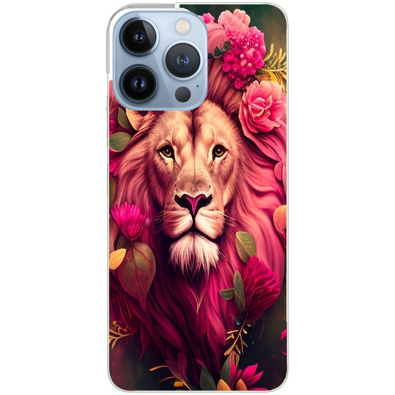 Coque taperso pour Iphone 13 et PRO MINI PRO MAX avec motif lion et fleurs rose protection antichoc personnalisée
