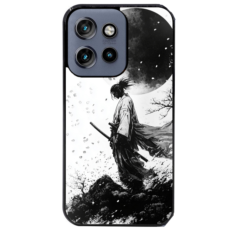 Coque noire taperso pour Moto Edge 60 et Neo Fusion Pro avec motif samourai et lune protection antichoc personnalisée