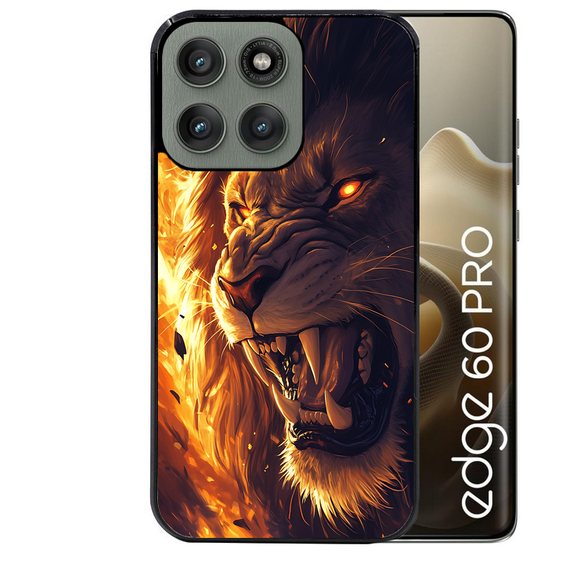 Coque noire taperso pour Moto Edge 60 et Neo Fusion Pro avec motif lion flamme protection antichoc personnalisée